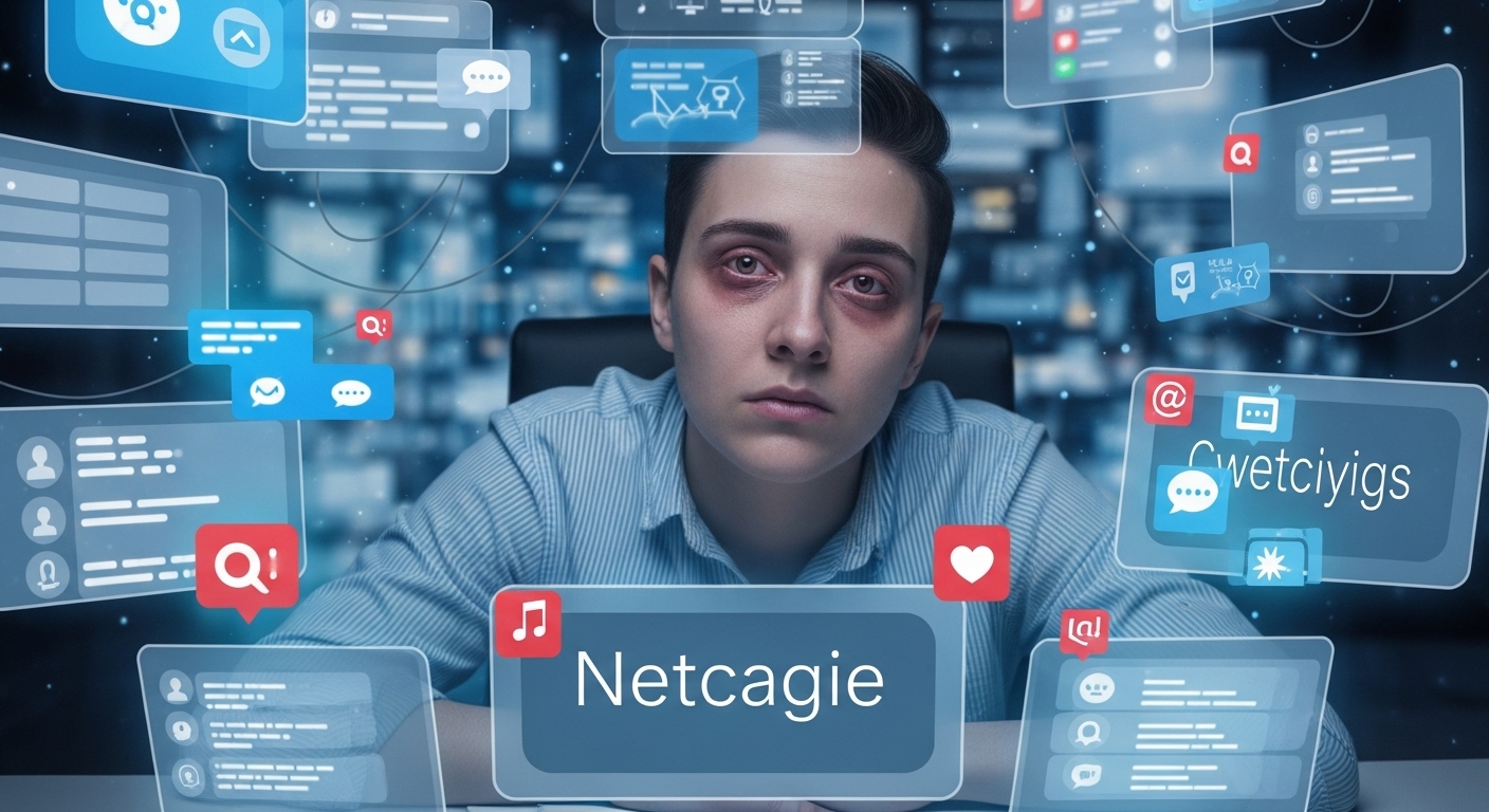 디지털 과부하로 지치고 피로해 보이는 현대인의 모습