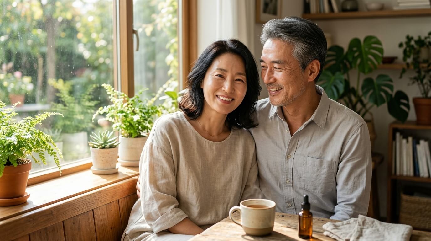 건강한 피부를 가진 중년 남녀가 밝은 햇살 아래 미소 짓고 있는 모습