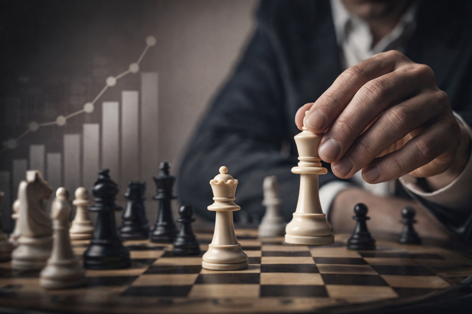 체스판 위에서 킹을 움직이는 손, 구조적 결정을 상징하는 장면
