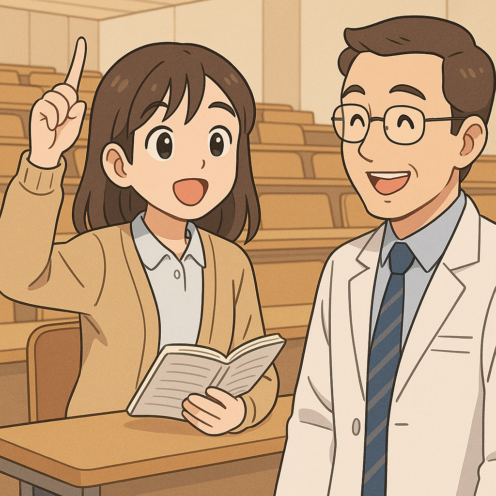 여학생의 대학교수에게 목디스크에대해 질문하고 있는 이미지이며 대학교수는 의사 가운을 입고 있으며 여학생은 살짝긴 단발머리에 스웨터를 입고있음