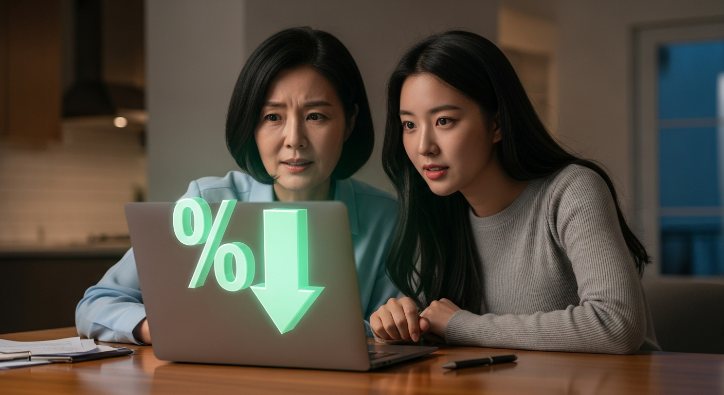 식탁에서 노트북을 함께 보고 있는 젊어 보이는 한국인 중년 여성(검은 머리)과 성인 딸. 노트북 화면은 검은색이며, 그 위로 금리 인하를 상징하는 퍼센트 기호(%)와 아래로 향하는 화살표가 녹색 3D 홀로그램으로 표시됨. 진지하지만 희망찬 표정.