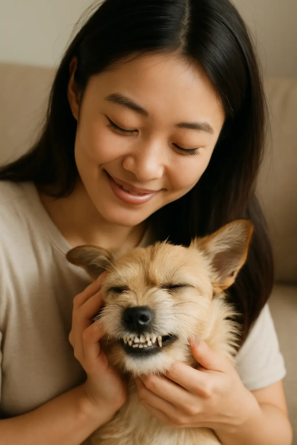 이를 드러내며 스트레스를 표현하는 듯한 강아지를 부드럽게 안아주는 한국인 여성, 따뜻한 실내 분위기의 스튜디오 사진