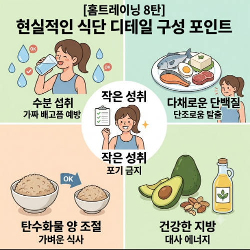 [홈트레이닝 8탄] 닭가슴살, 고구마, 야채는 이제 그만! 요요 없는 현실적인 다이어트 식단 가이드