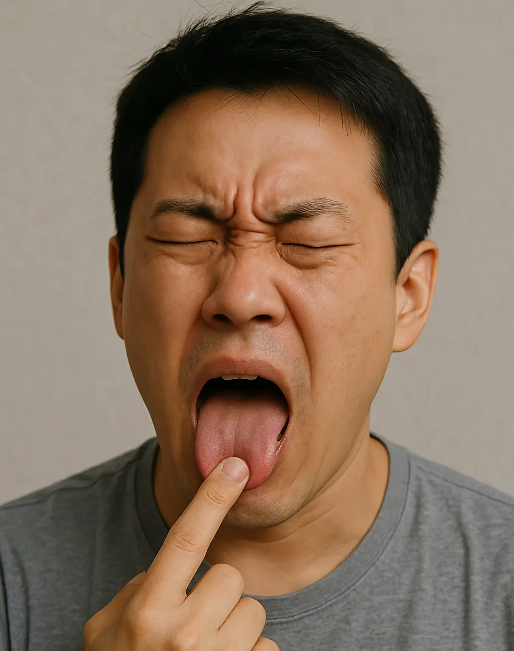 입을 벌린 채 혀를 내밀고 아파하는 사람, 혀 끝을 손으로 만지며 찡그린 표정