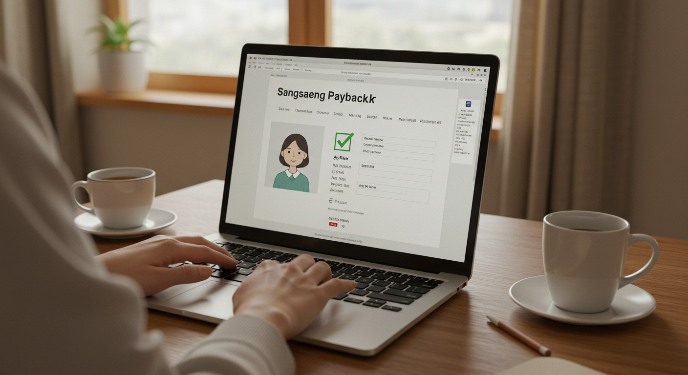 상생페이백 누리집에서 신청 절차를 완료하는 한국인 여성