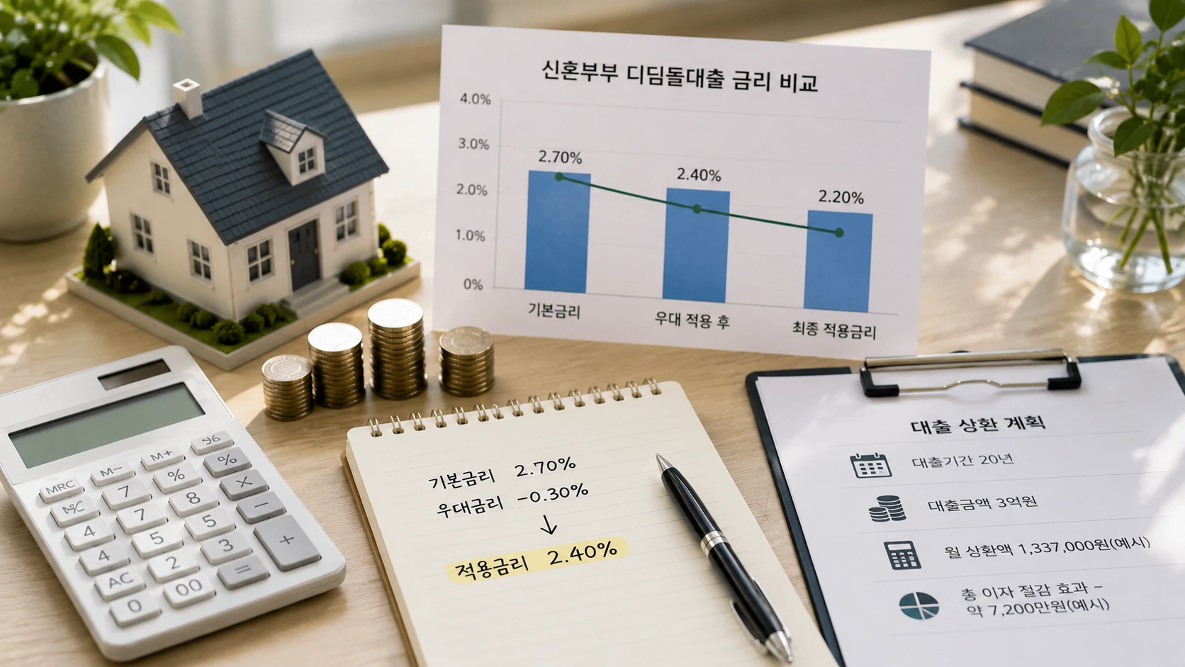 집 모형과 계산기, 동전으로 디딤돌대출 금리를 비교하는 장면