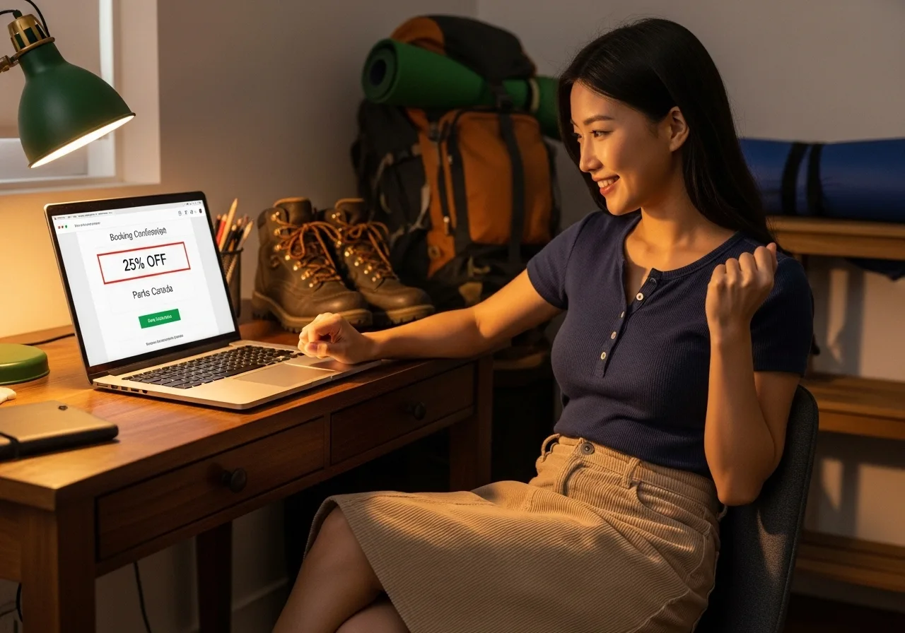 한 여성이 집에서 노트북으로 캐나다 국립공원 캠핑장 할인을 확인하며 만족스러워하고 있다
