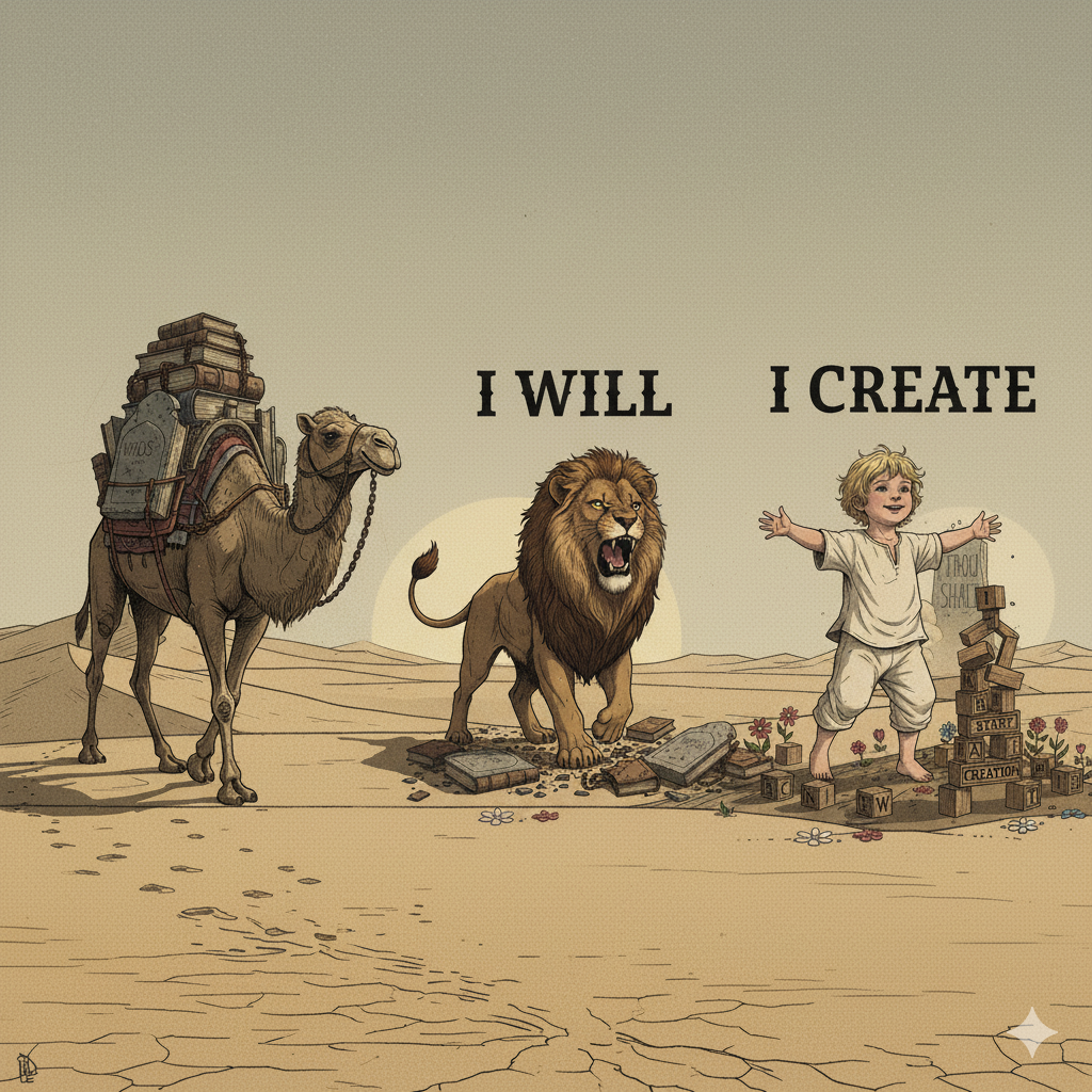 위버멘쉬로 변해가는 세 가지 단계(낙타, 사자, 아이)를 시각적으로 표현한 일러스트