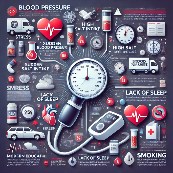혈압 급상승의 원인으로 스트레스, 고염분 섭취, 수면 부족, 흡연 등을 보여주는 개념적 인포그래픽.