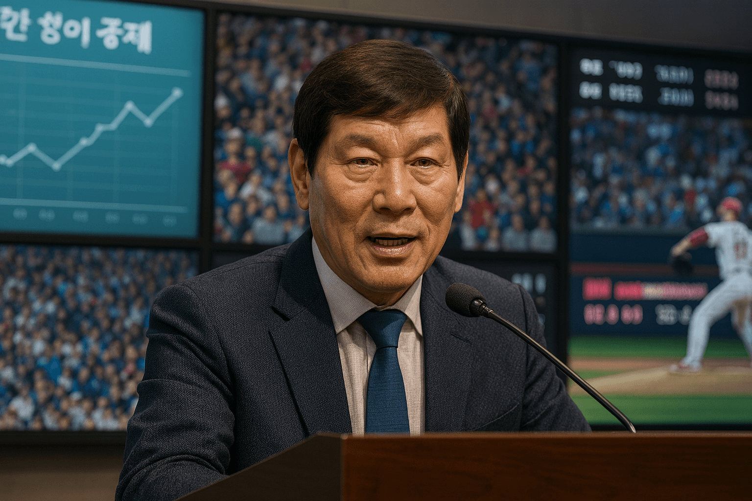 한국인 총재가 연단에서 발언하고&amp;#44; 뒤 스크린에는 데이터 차트와 팬&amp;#44; 경기 장면이 함께 표시된 이미지