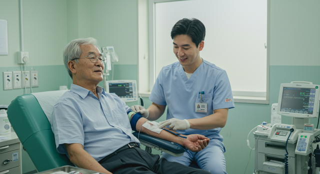 패혈증 검사를 받는 노인 환자와 간호사