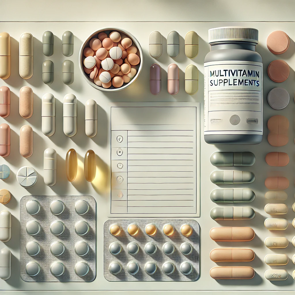 종합 비타민을 선택할 때, 다양성, 품질, 전문성을 시각적으로 표현한다.