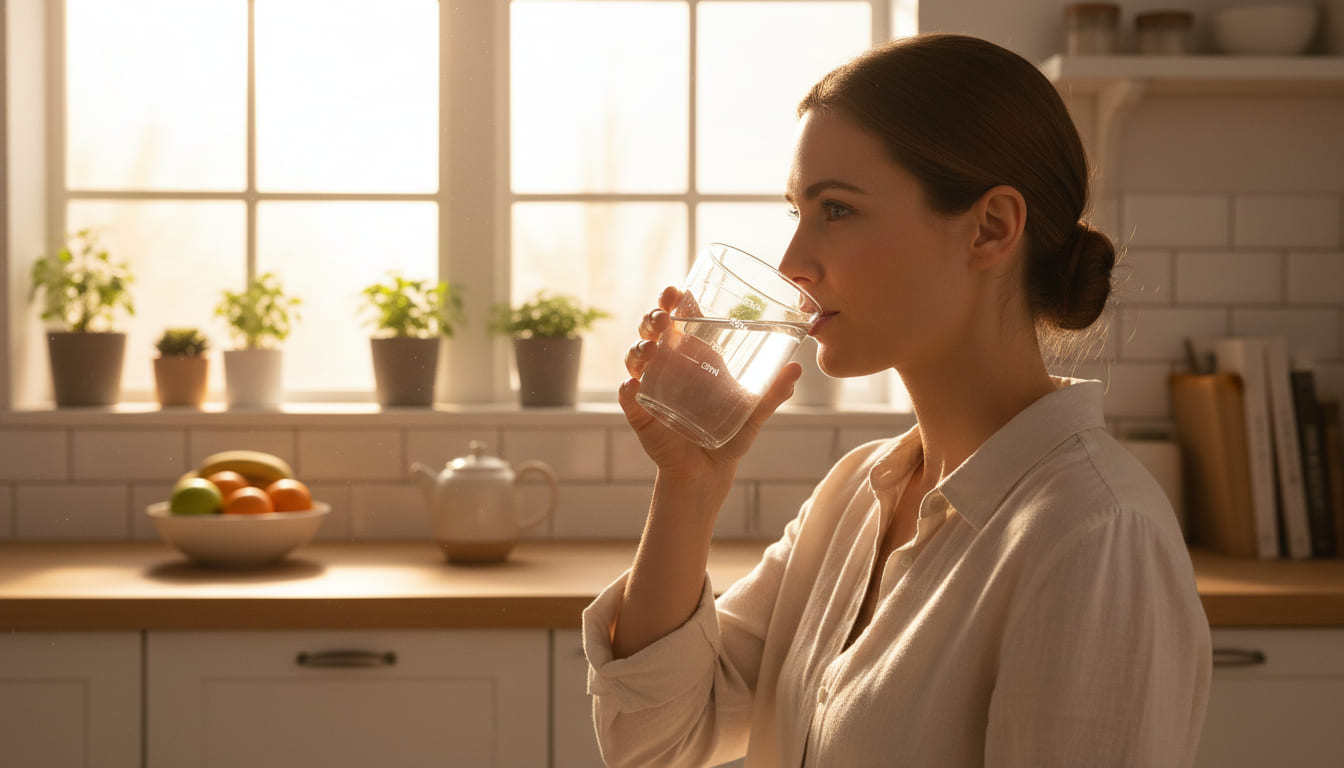 아침 햇살 아래 큰 컵에 물을 천천히 마시는 사람의 모습