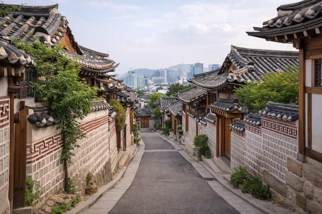 서울 북촌한옥마을의 한옥 지붕선과 골목길, 담장이 이어진 풍경