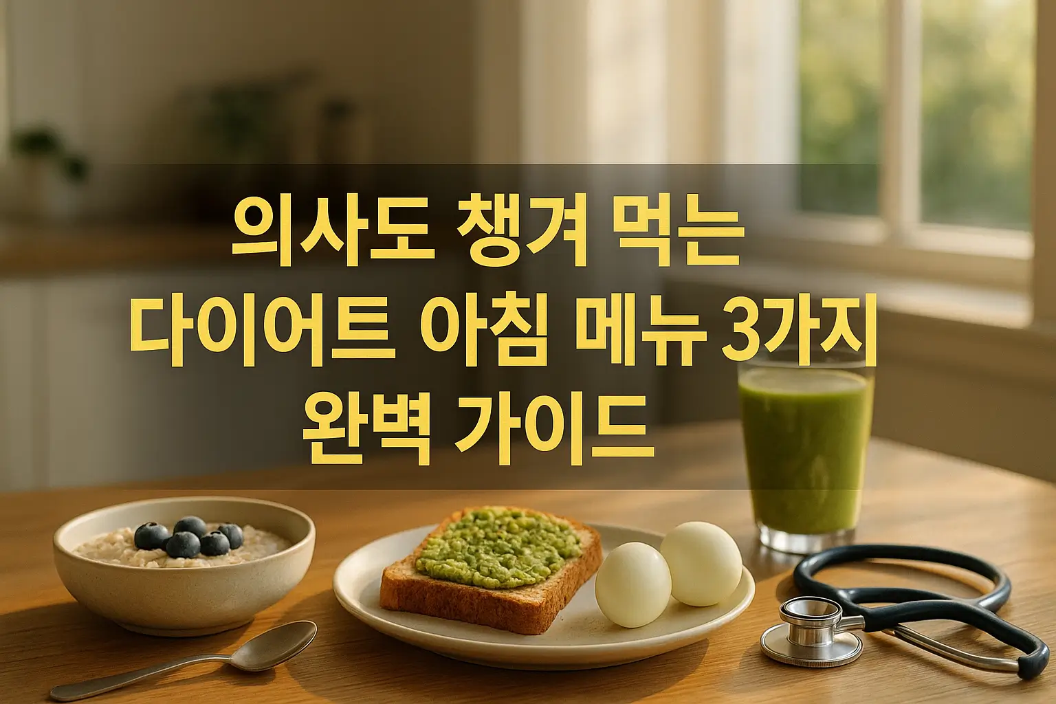 의사도 추천하는 다이어트 아침 식단: 달걀, 아보카도 토스트, 블루베리 그릭요거트, 녹색 스무디와 청진기가 놓인 건강한 식탁 이미지