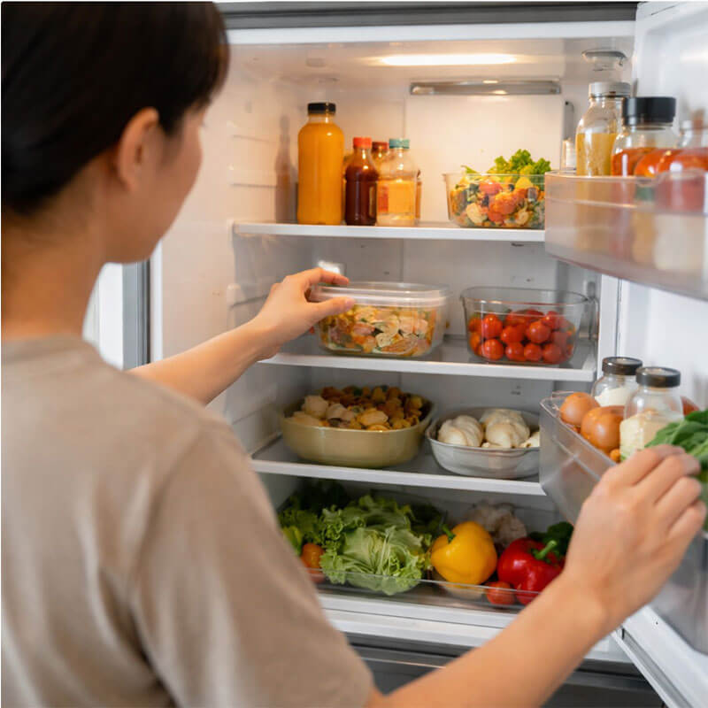 주방에서 냉장고 문을 열어보며 음식 상태를 확인하는 평범한 생활 장면