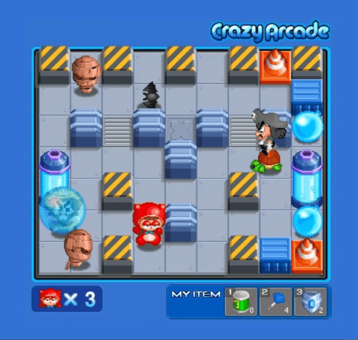 미니크아-크레이지아케이드-플래시게임-플레이-물풍선을-터트리고-로두매니를-가두는-화면