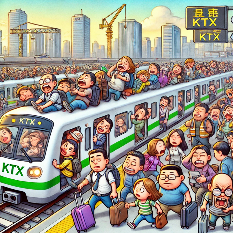 출근 시간대 혼잡한 KTX 승객들의 모습을 유머러스하게 묘사한 만화 스타일의 일러스트입니다.