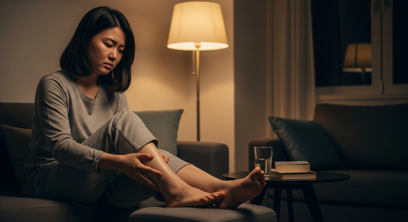 다리와 얼굴에 부종이 생겨 불편함을 느끼는 장면