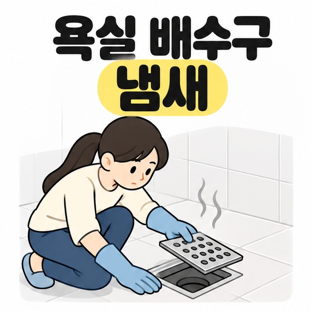 욕실 배수구 냄새라는 제목 아래 고무장갑을 낀 사람이 덮개를 들어 배수구를 살피고 옆으로 회색 냄새 표시가 올라오는 모습