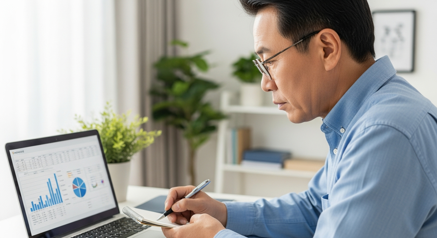 안경을 쓴 50대 후반의 한국인 남성이 노트북 화면의 금융 차트를 펜과 메모장으로 꼼꼼하게 분석하는 모습