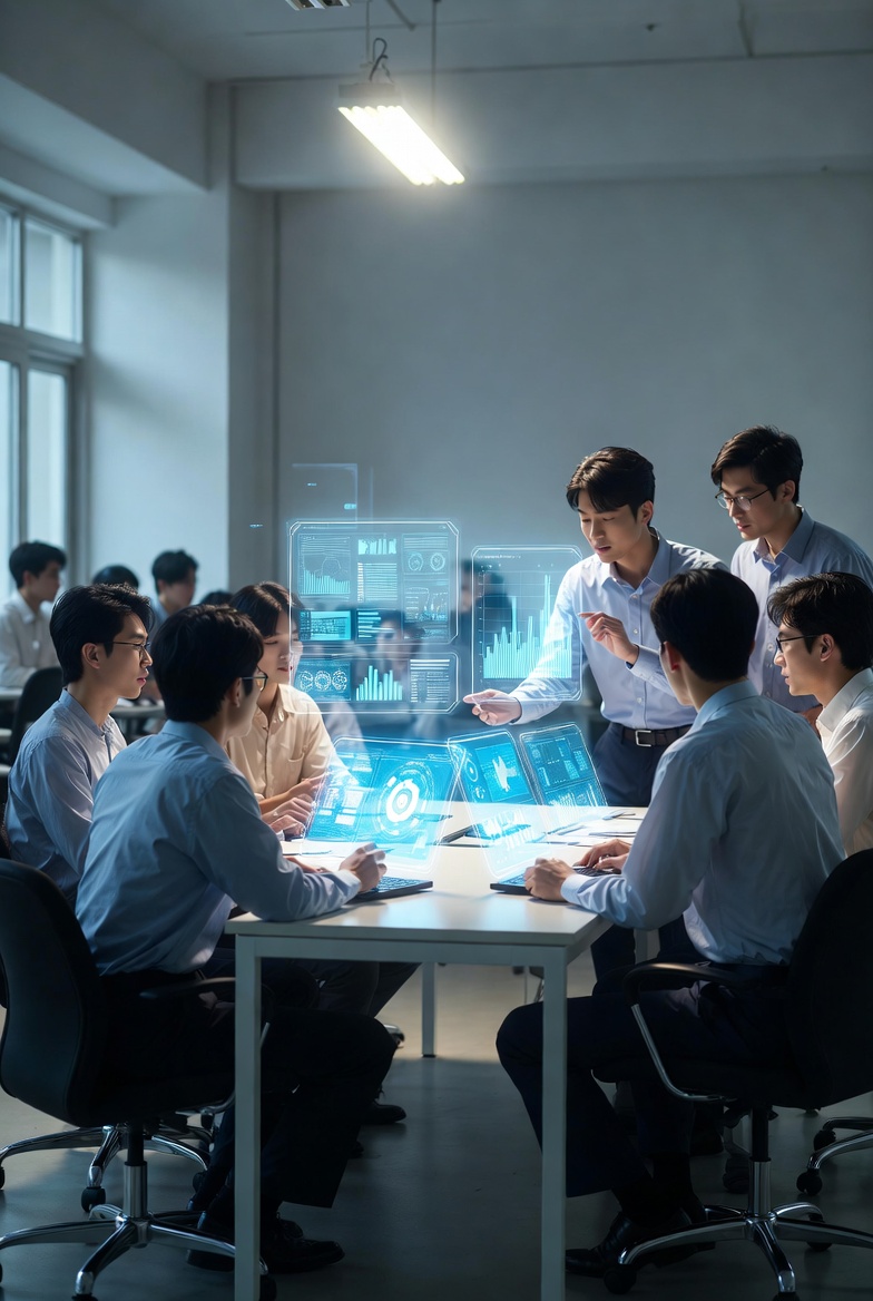 사무실에서 AI 도구를 활용해 협업하는 직장인들의 모습