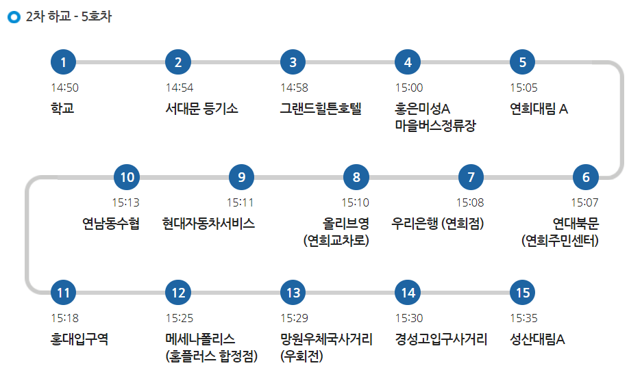 명지초 5호차 셔틀 수요일 2차 하교 노선 시간표