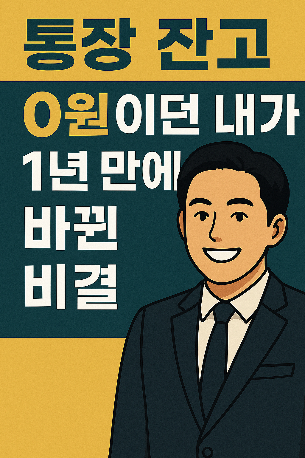 정장을 입은 남성이 웃고 있는 일러스트 썸네일 이미지. '통장 잔고 0원이던 내가 1년 만에 바뀐 비결'이라는 문구가 세로로 배치된 노랑-청록 배경에 선명하게 강조되어 있음.