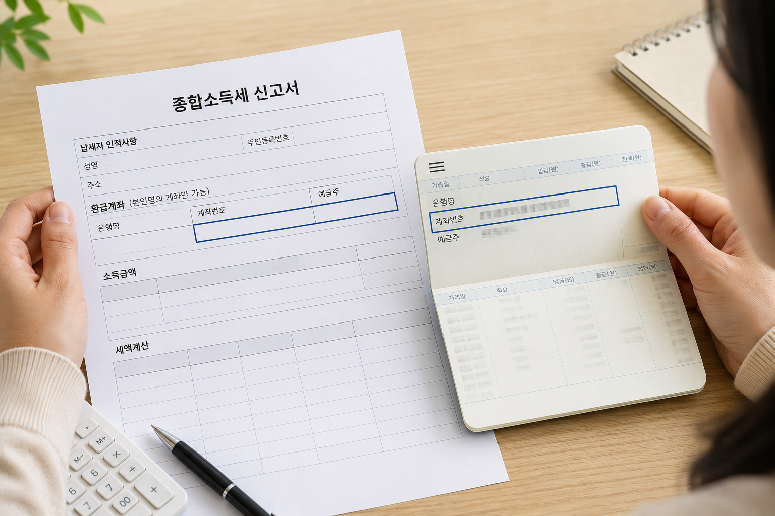 종합소득세 신고서와 통장을 나란히 놓고 환급계좌번호를 대조하는 장면
