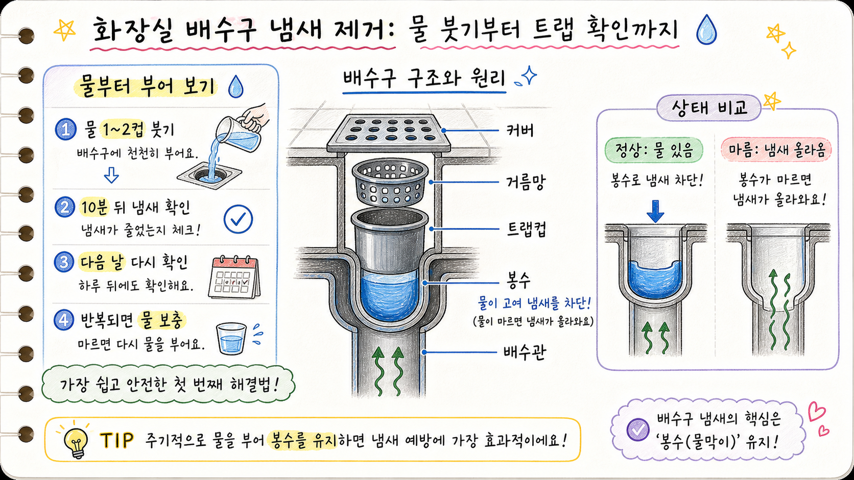 화장실 배수구 커버 거름망 트랩컵 봉수 배수관 구조와 물 붓기 순서를 설명한 가로형 카드