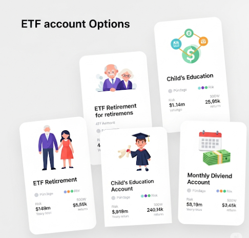 다양한 투자 목적 (은퇴, 자녀, 월배당)에 맞춰 선택할 수 있는 ETF 계좌들을 시각화한 이미지