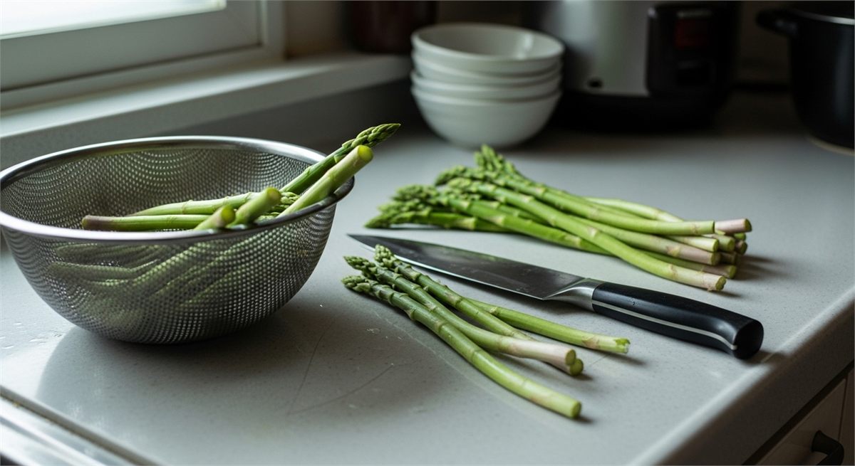 두릅과 칼, 채반으로 손질 과정을 상징한 장면