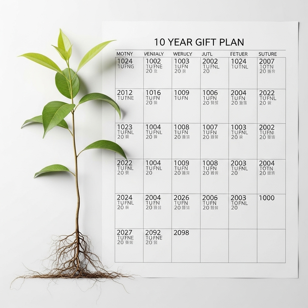 10년 주기 증여 계획을 나타내는 캘린더와 성장하는 식물 이미지. 장기적인 자산 증여 전략을 상징합니다.
