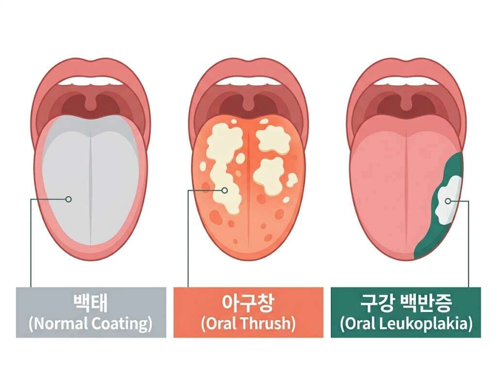 혀 상태를 거울로 확인하는 여성의 모습, 구강 건강 점검 이미지