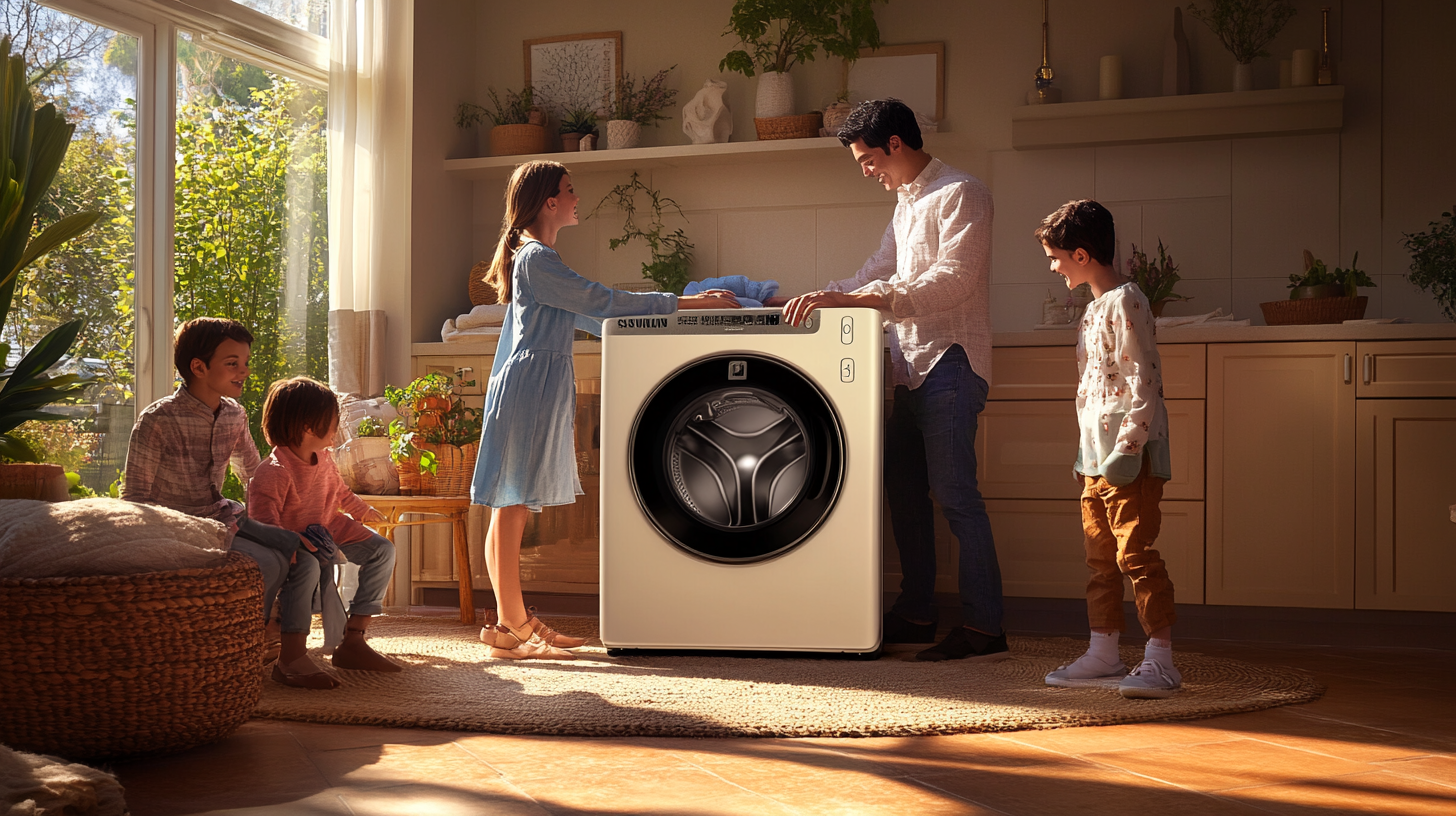 따뜻하고 환영하는 가정 환경에서 삼성 WF2522HDEEP 세탁기와 건조기를 사용하는 대가족의 모습