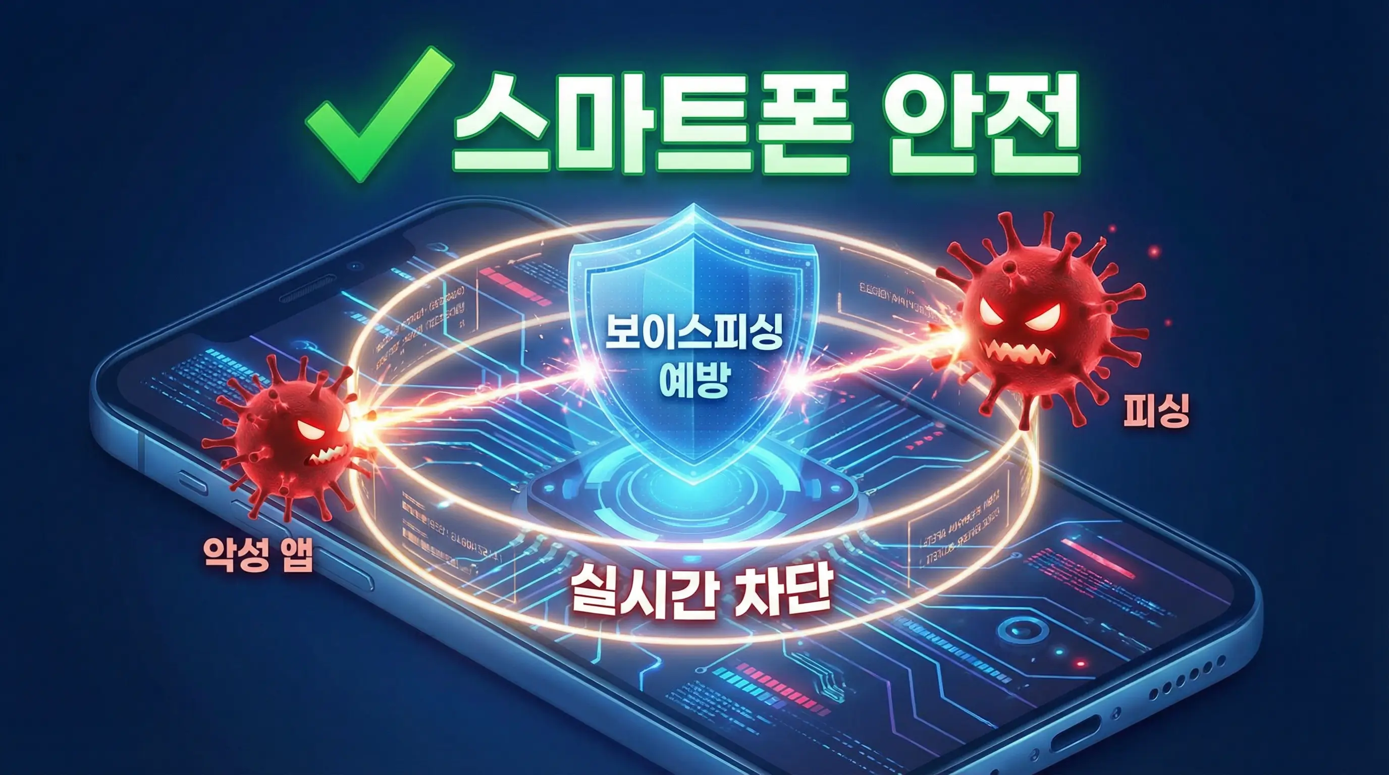 보이스피싱 예방 앱이 악성 코드를 탐지하고 차단하여 스마트폰을 보호하는 3D 인포그래픽