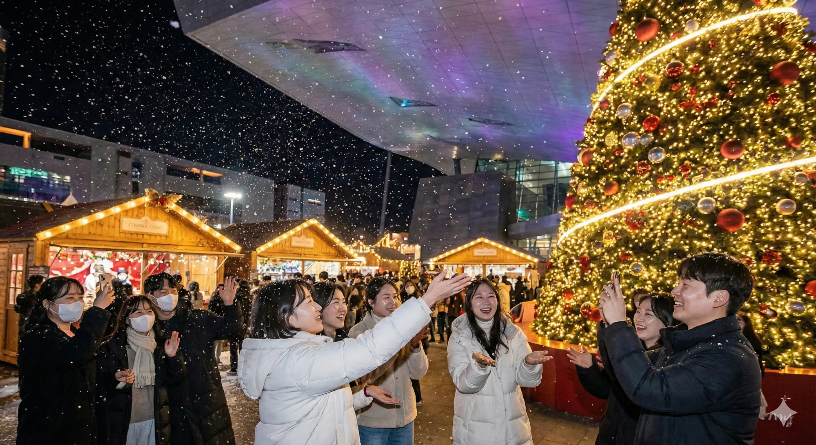 부산 크리스마스 빌리지에서 대형 트리 앞 인공 눈 스노잉 쇼를 즐기는 사람들