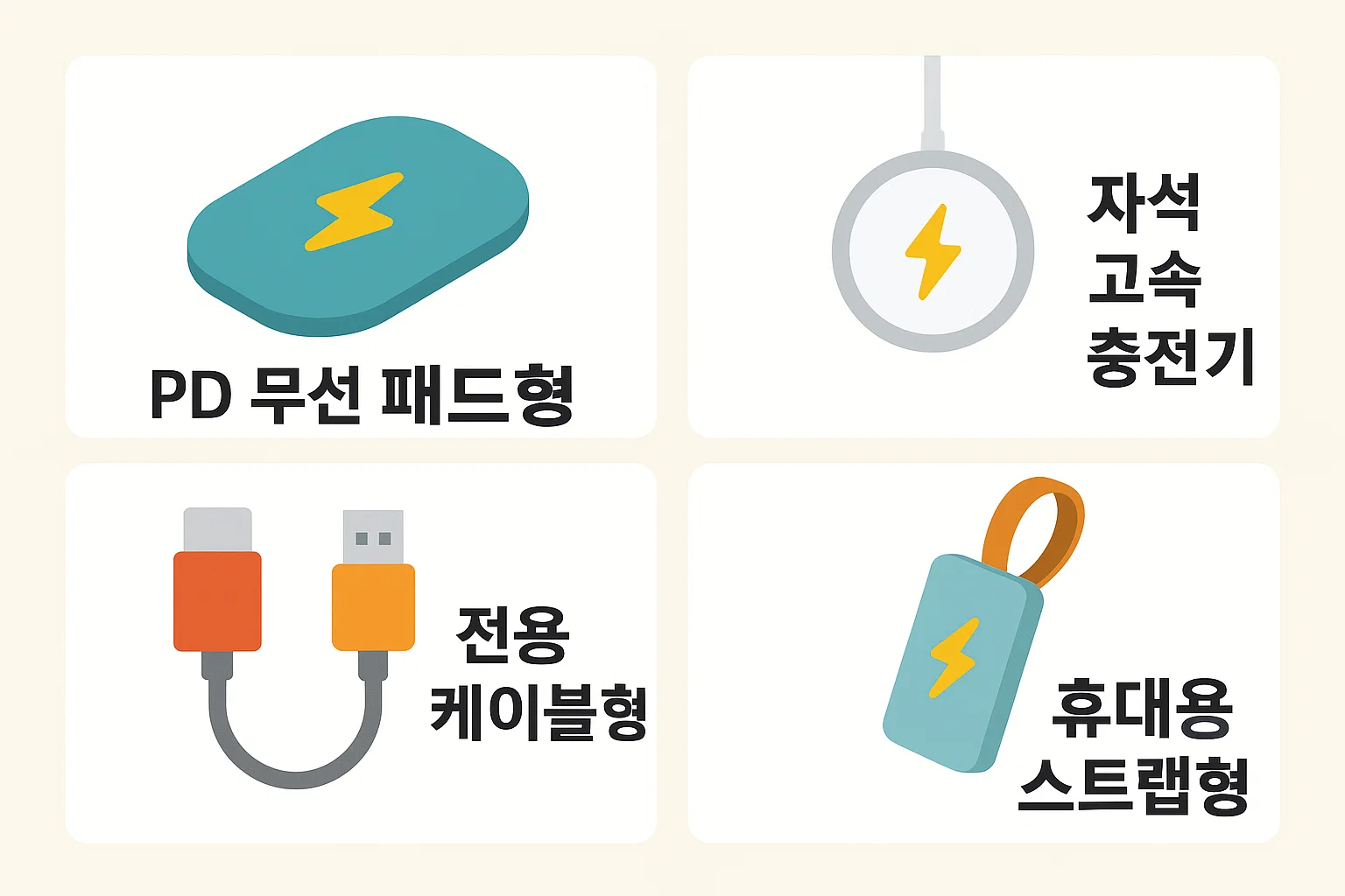 PD 무선 패드형, 자석 고속 충전기, 전용 케이블형, 휴대용 스트랩형 등 스마트워치 충전기 주요 유형을 비교한 안내 이미지