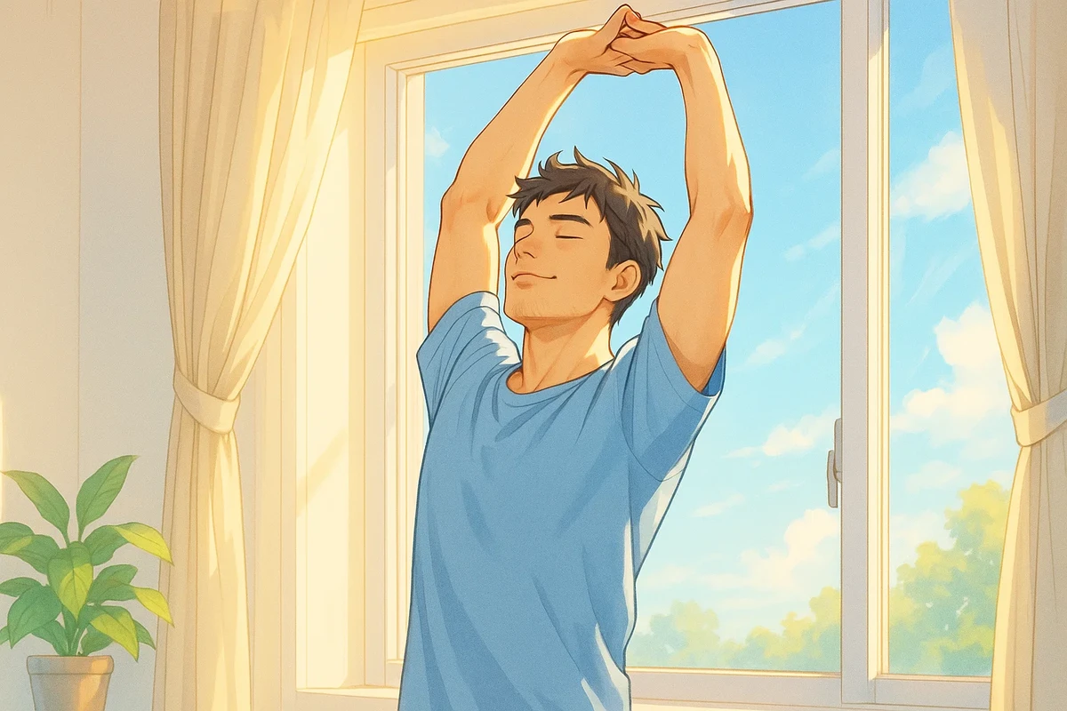 아침 루틴 실천 중 스트레칭하는 남성 - 뇌과학 기반 정신건강 습관 예시