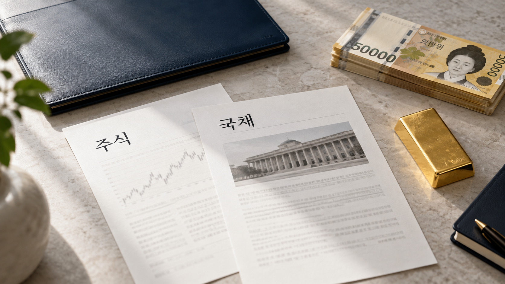 밝은 책상 위에 주식과 국채를 표시한 문서, 원화 지폐와 금괴가 놓여 있다. 주식·채권·현금·금을 나눠 보유하는 자산배분을 표현한 이미지이다.