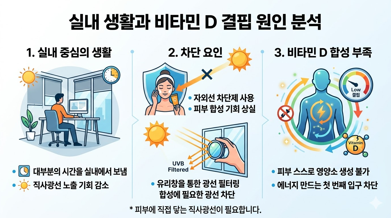 실내 생활과 자외선 차단으로 인한 비타민 D 결핍 원인 설명 이미지