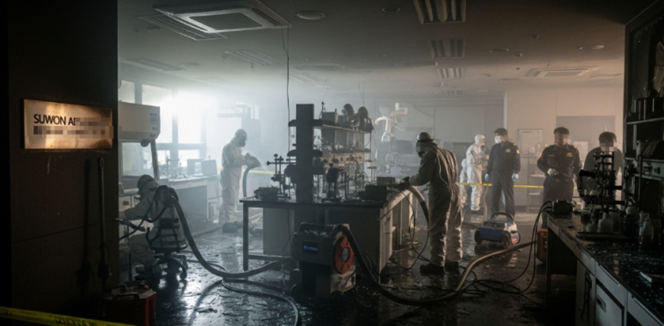 화재 직후, 내부가 심하게 그을리고 잔해가 널린 현장 사진