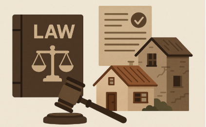 빈집 관련 법률을 상징하는 일러스트, 법전과 저울, 판사의 망치, 문서와 두 채의 주택이 함께 배치된 디자인"