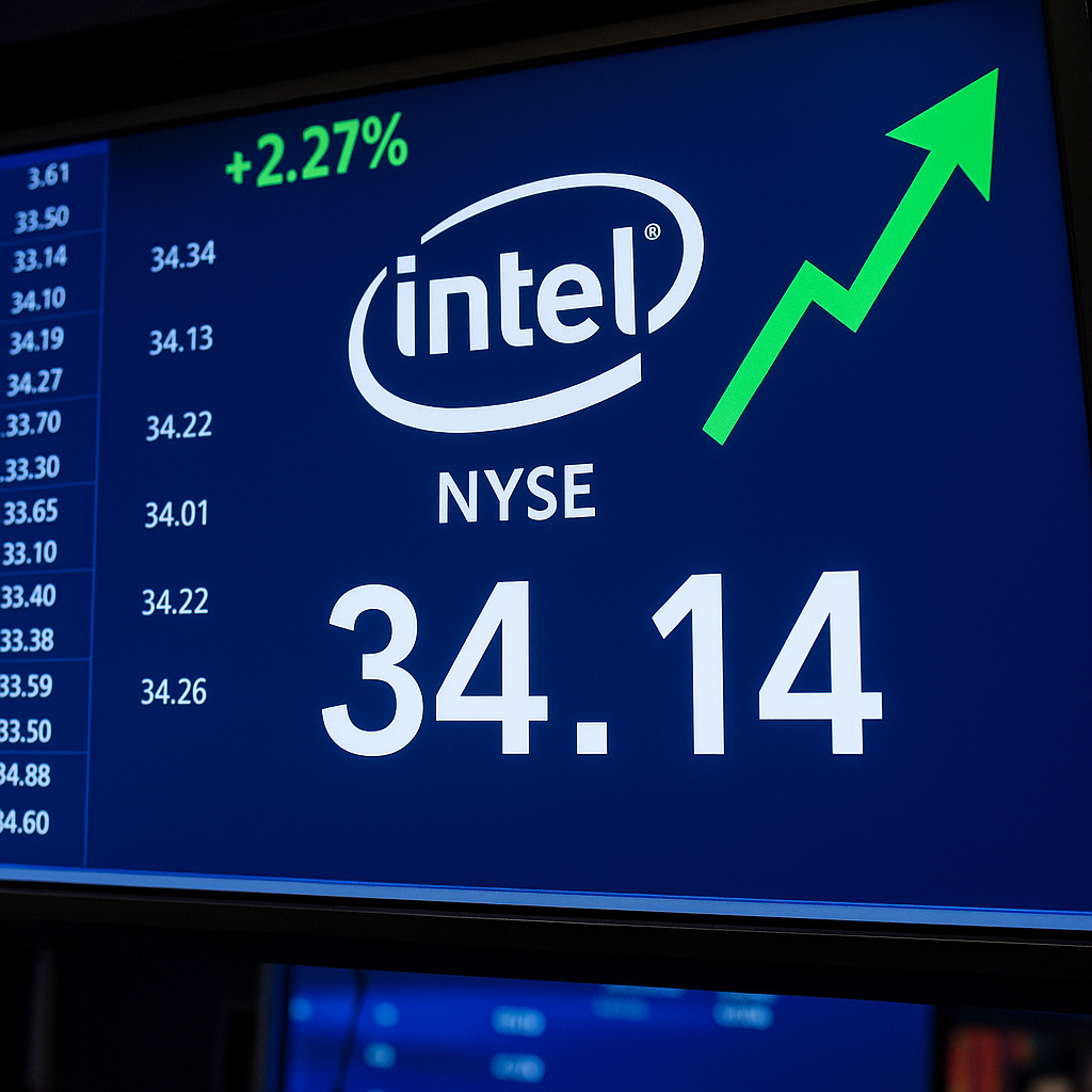뉴욕 증시 전광판에 표시된 인텔 주가 상승 그래프