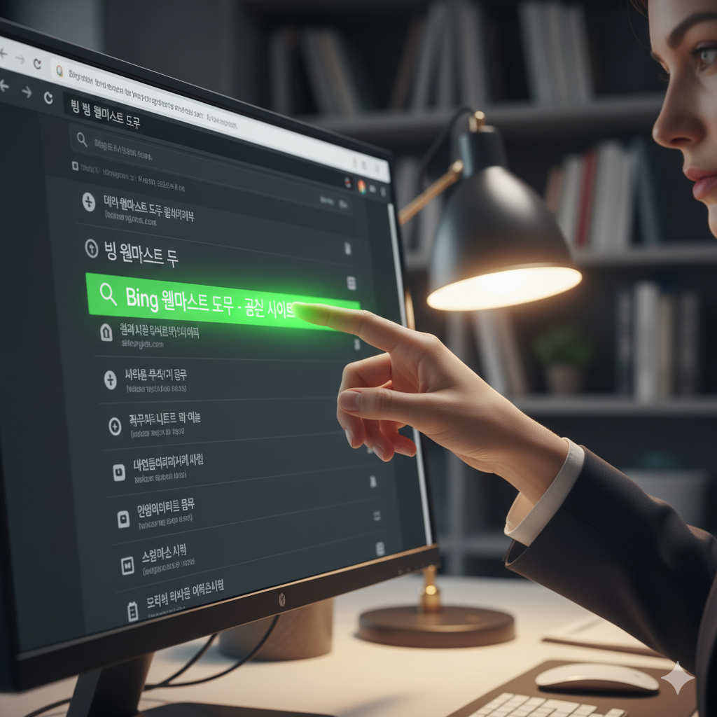 빙 웹마스터 도구 검색 결과에서 첫 번째 공식 사이트를 선택하는 이미지