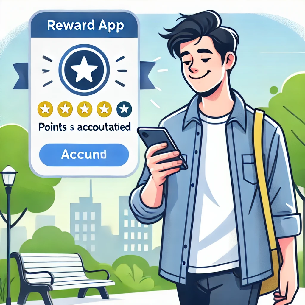 걸으면 캐쉬 포인트를 주는 리워드 앱을 사용하며 걷는 중인 남자의 모습_image generated by Adobe express