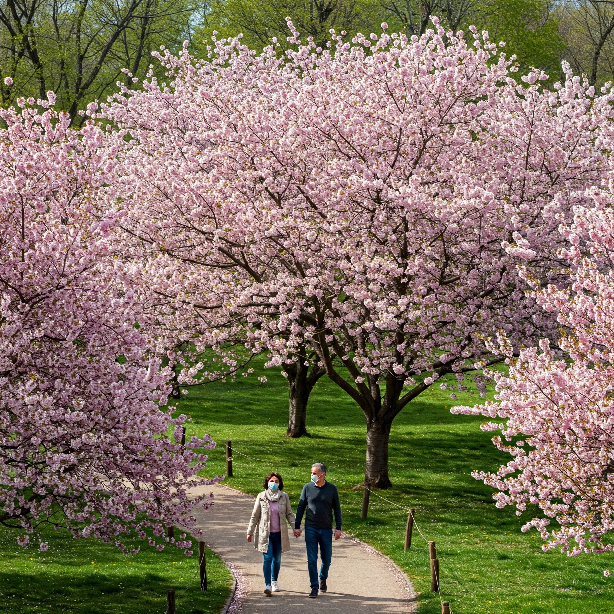 봄철 공원에 꽃구경 나온 커플
