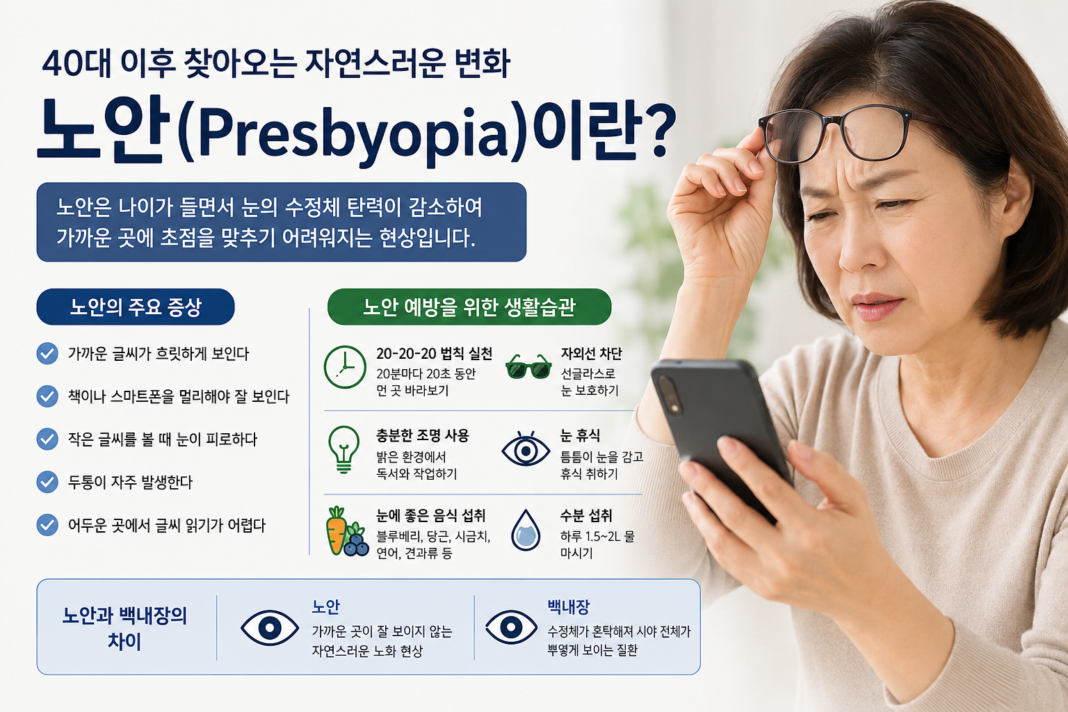 노안(Presbyopia)이란? 40대 이후 누구나 겪는 자연스러운 눈의 변화와 관리법