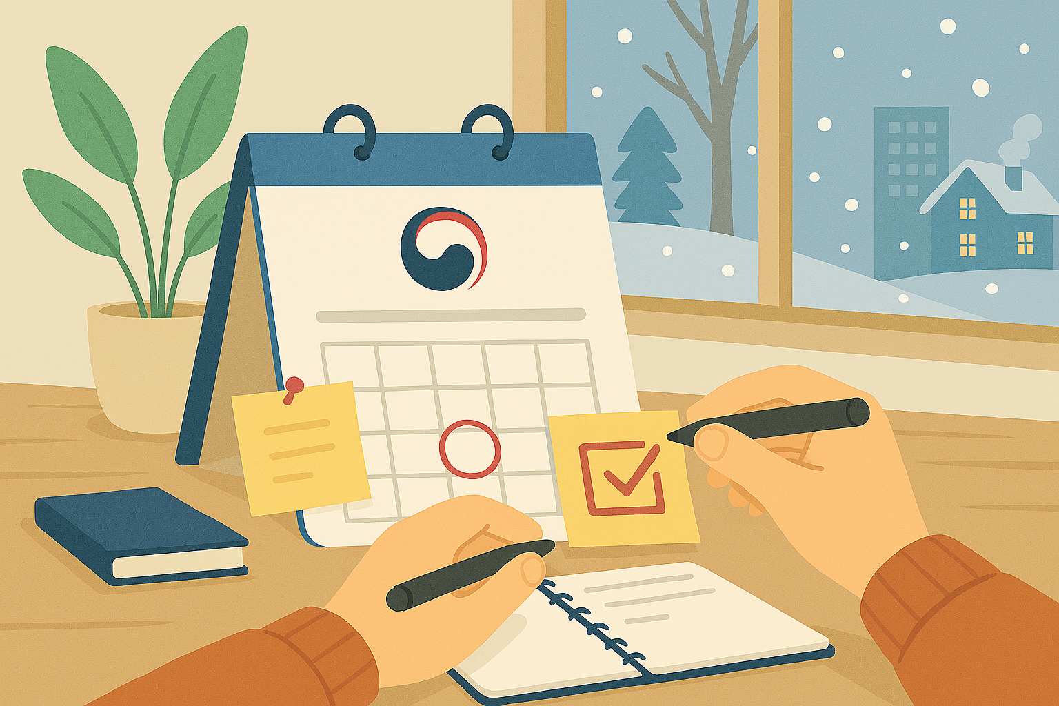 달력과 메모로 계획을 세우는 모습