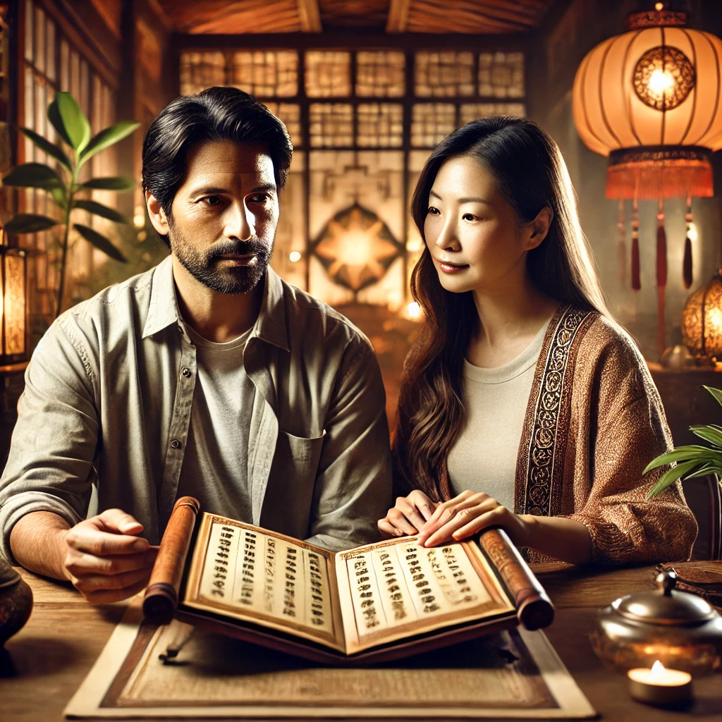 40대 한국 남성과 여성이 현대적인 테이블에 앉아 전통 운세 책을 함께 보는 모습, 전통과 현대적 장식이 어우러진 공간에서 따뜻한 조명 아래 편안하고 통찰력 있는 분위기를 연출